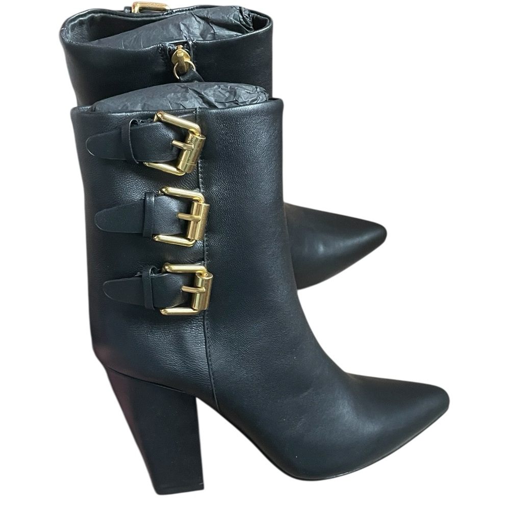 Rebecca Minkoff Bucklebty Black Leather Bootie,‎ Gold Hardware, Size 7, New
